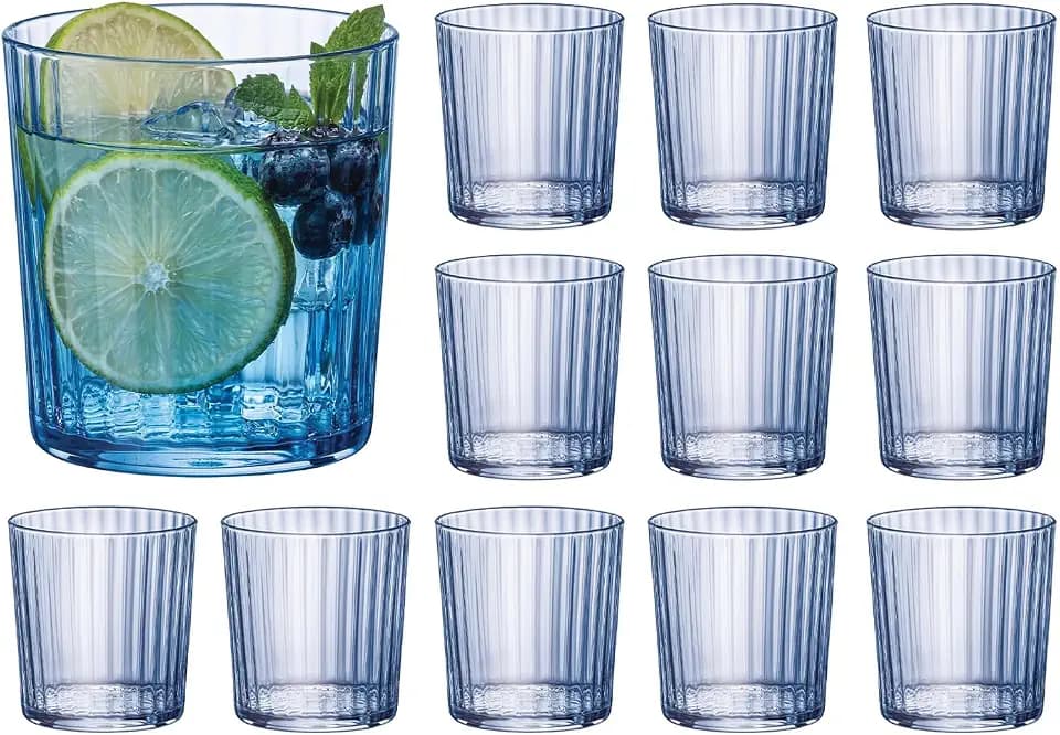Bormioli Rocco Exclusiva Negroni Glasses, Set of 12-12 Oz. Sapphire Blue Medium Tumblers with Thin Laser Cut Rim & Impact-Resistant Edge - Lead-Free Star Glass for Cocktails & Beverages