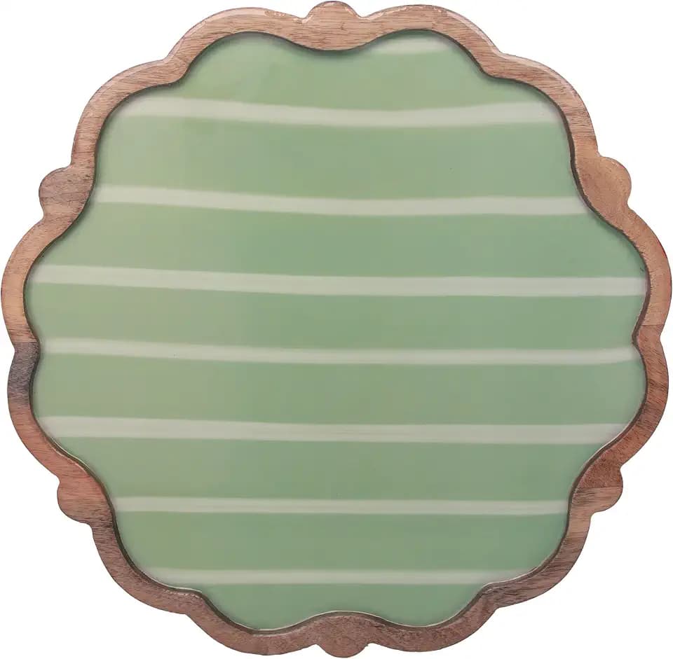 Boston International Scalloped Edge Platter Mango Wood Serving Tray, 13.75" Diameter, Green Striped