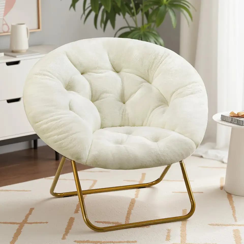 Sweetcrispy Saucer Chairs, Comfy Folding Cozy Faux Fur Living Room Reading Lounge Chair with Soft Thick Padded Seat & Metal Frame Modern Style Bedroom Home Dorm for Kids Adults, X-Large - Cream