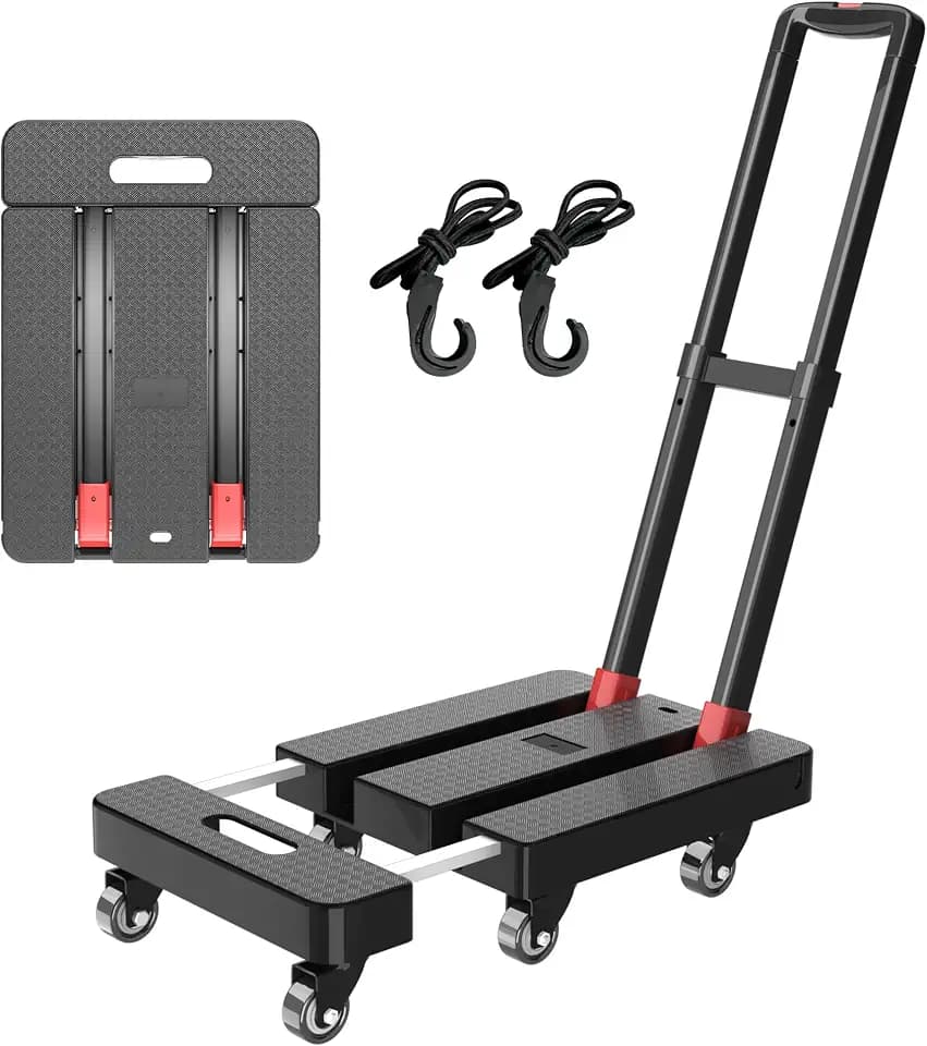 Folding Hand Truck, 500 LBS Heavy Duty Foldable Dolly Cart with Wheels, Telescoping Handle & 2 Elastic Ropes, Portable Luggage Cart for Moving, Travel, Home, Black Red