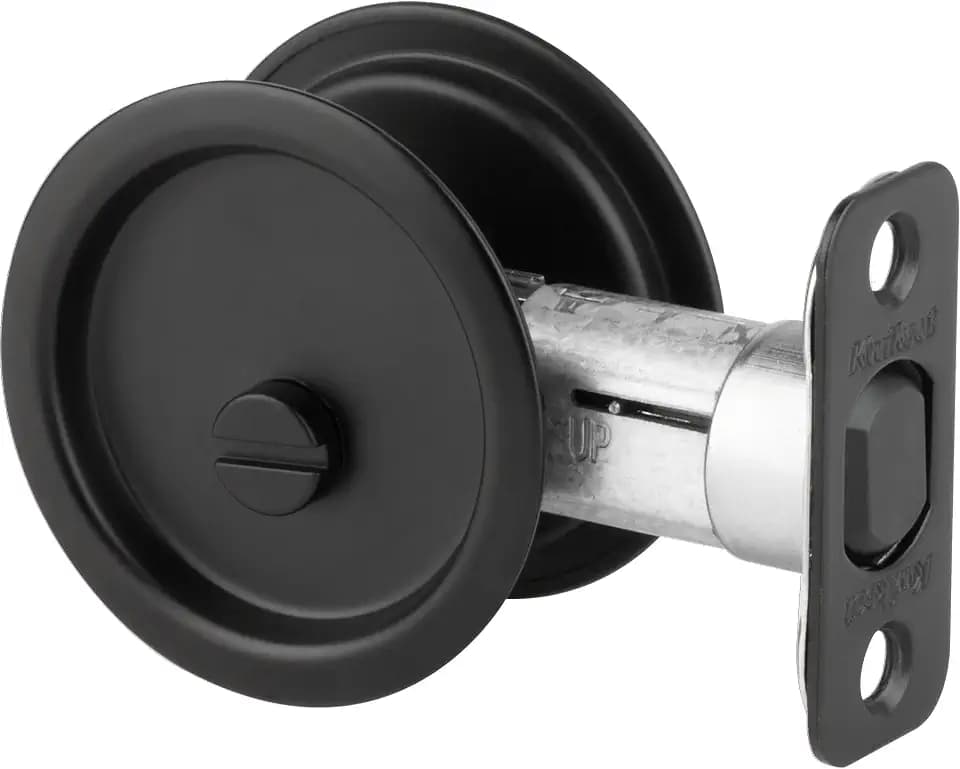 Kwikset Pocket Door Deadbolt Lock, Matte Black Round Exterior UnKeyed Closet Pantry Pull Door, with Microban Protection