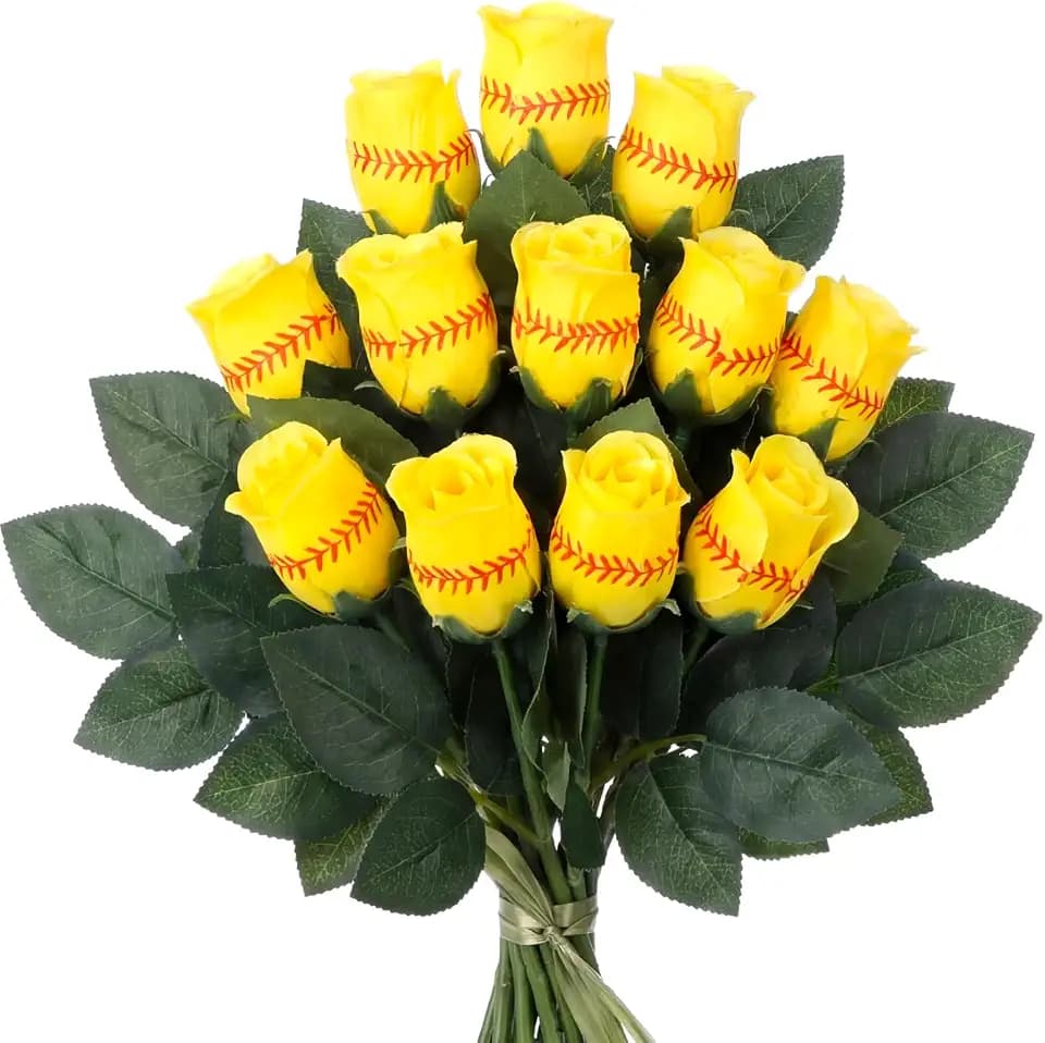 Hotop 12 Pcs Softball Roses with Leaves Artificial Yellow Rose Bouquet for Softball Team Senior Fans Coach Gift Sports Theme Graduation Wedding Party Decoration