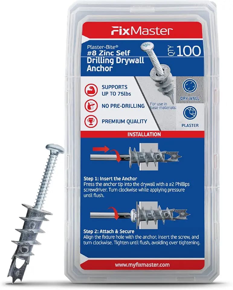 Self Drilling Drywall Anchors Zinc with Drywall Screws (100 Metal Anchors & 100 Screws) – Heavy Duty Plaster/Hollow Wall Anchors for Drywall Kit – 3/8", 1/2", 5/8" – 75 lbs Holding Strength