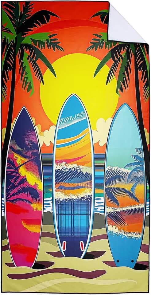 Sunset Palms Surfboard Beach Towel Oversized 36" x 72", Thin Lightweight Sand Free Quick Dry Microfiber Towel for Swimming Pool Cruise Camping Travel