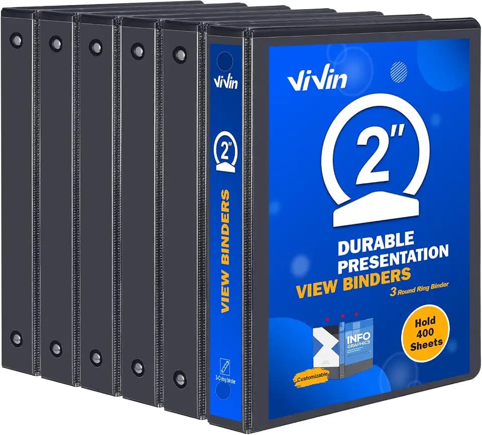 ViVin Sturdy 3 Ring Binder 2 Inch with 2 Interior Pockets, 6 Pack, Black