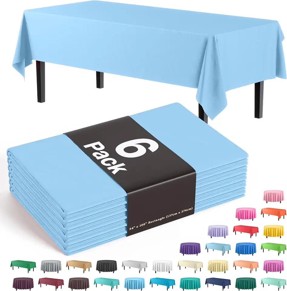 Exquisite Light Blue Plastic Table Cloth Disposable 6 Pack - 54 x 108 Inch Rectangle Tablecloth for 6 Foot Tables - Waterproof Table Cover for Party Wedding Birthday Graduation BBQ Catering