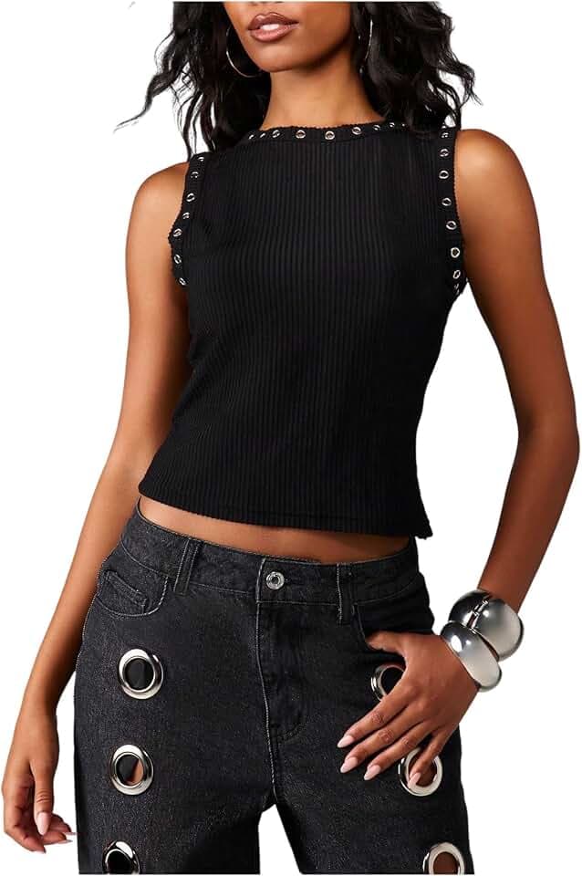RoseSeek Women's Y2k Grommet Ribbed Knit Tank Top Mock Neck Sleeveless Summer Crop Tops