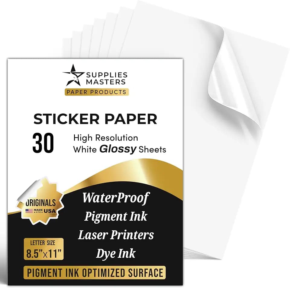 Full Sheet White Glossy Sticker Paper for Inkjet Printer, 30 Sheets
