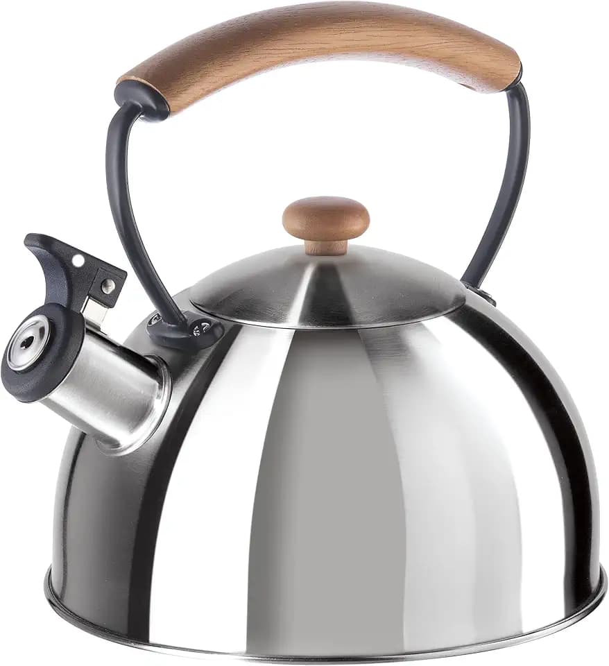 OGGI Tea Kettle for Stove Top - 64oz / 1.9lt, Stainless Steel with Loud Whistle & Stay-Cool Wood Handle, Ideal Hot Water Kettle and Water Boiler - Silver Mirror
