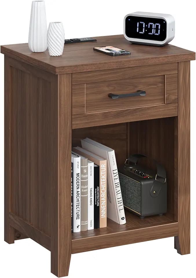 Decofy Farmhouse Nightstand with Charging Station, Walnut