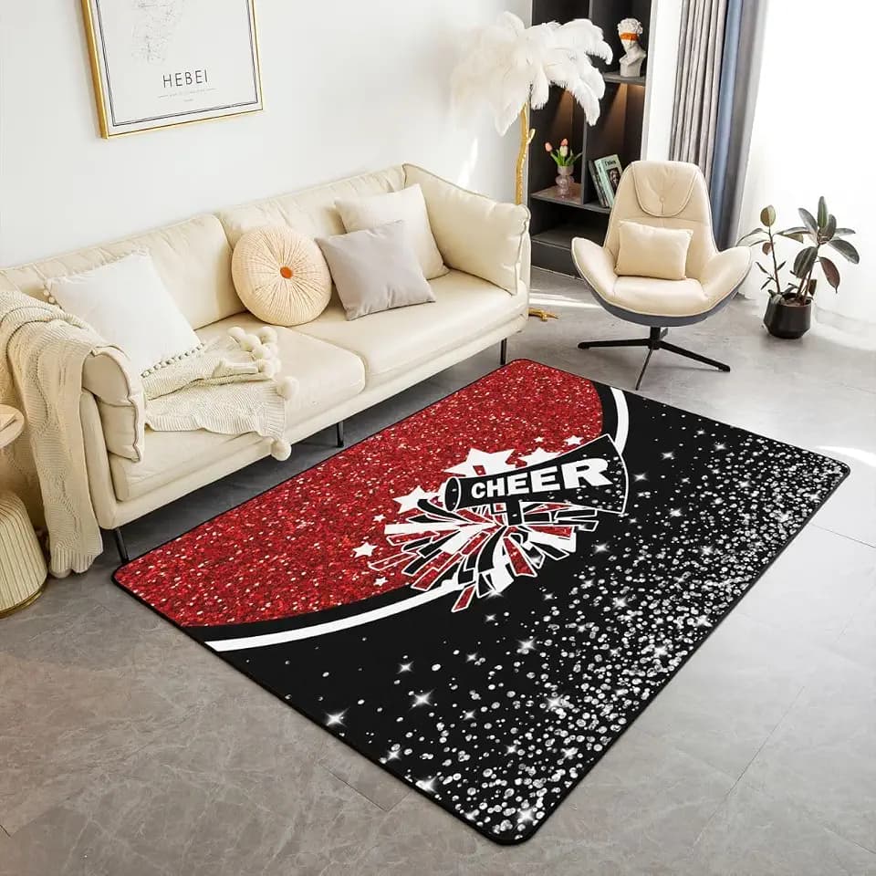 Homewish Cheerleading Area Rug White Diamonds Red Glitter Print Indoor Floor Mat for Kids Teens Adults Gymnastics Cheerleader Theme Decor Non Slip Rug for Party Living Room 5'x6'6"