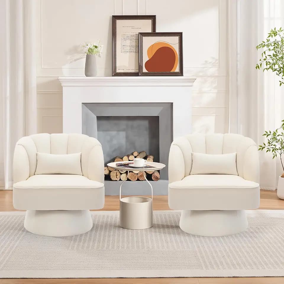 Set of 2 Modern Velvet Swivel Barrel Chairs, 360° Rotating Lounge Armchairs with Striped Backrest and Soft Cushion, Comfy Accent Chairs for Living Room, Bedroom, or Reading Nook, Beige