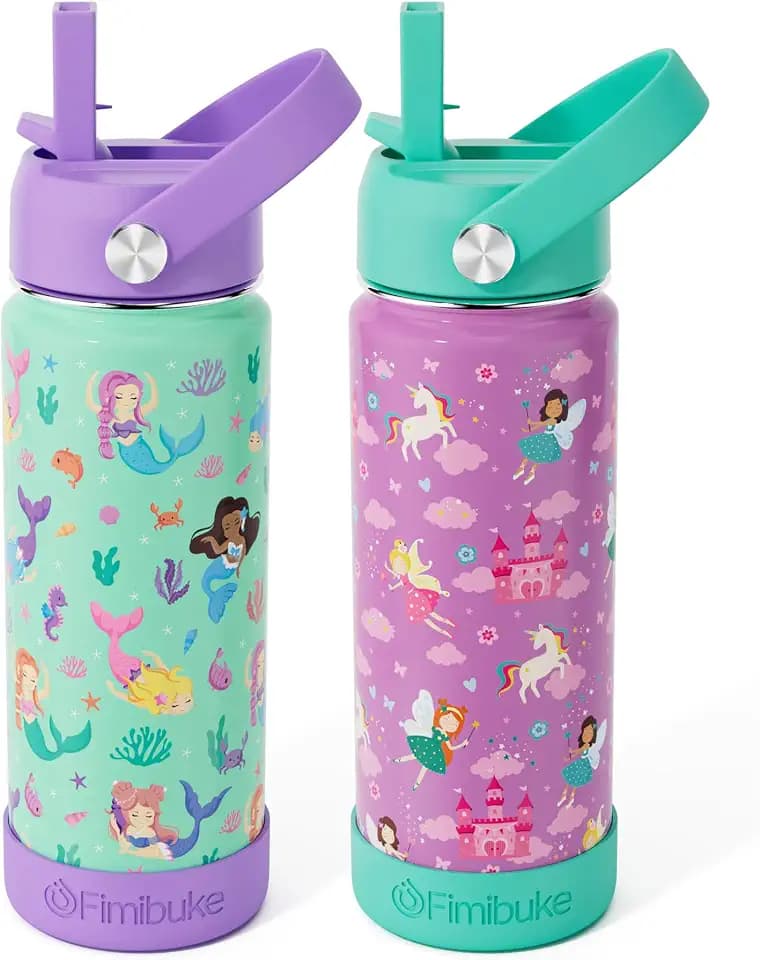 Fimibuke 18oz Kids Insulated Water Bottle, 18/8 Stainless Steel Kids Cups