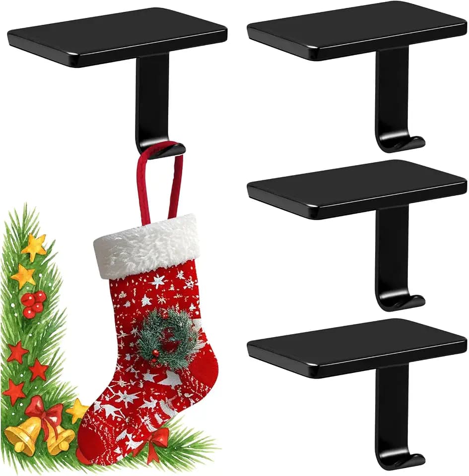 Christmas Stocking Holders for Mantle Set of 6, Stocking Hangers for Mantel Weighted, Heavy Duty, Flat, for Garland, Fireplace, Wall (Black)