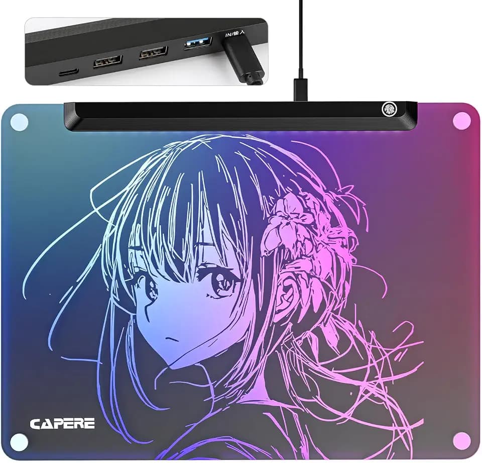 Glass RGB Gaming Mouse Pad, 15.35" x 11.41", USB Hub 4 Ports