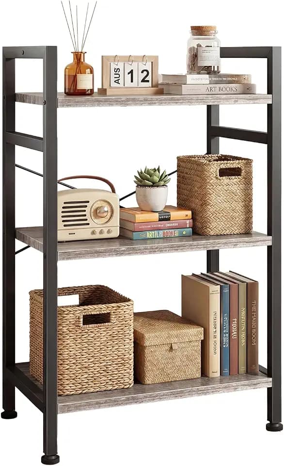 DUMOS 3 Tiers Open Bookshelf, Classic Freestanding Tall Display Shelf, Multifunctional Storage Organizer Rack for Living Room Home Office, Sturdy Bookcase for CDs/Books/Movies, Wood Grey