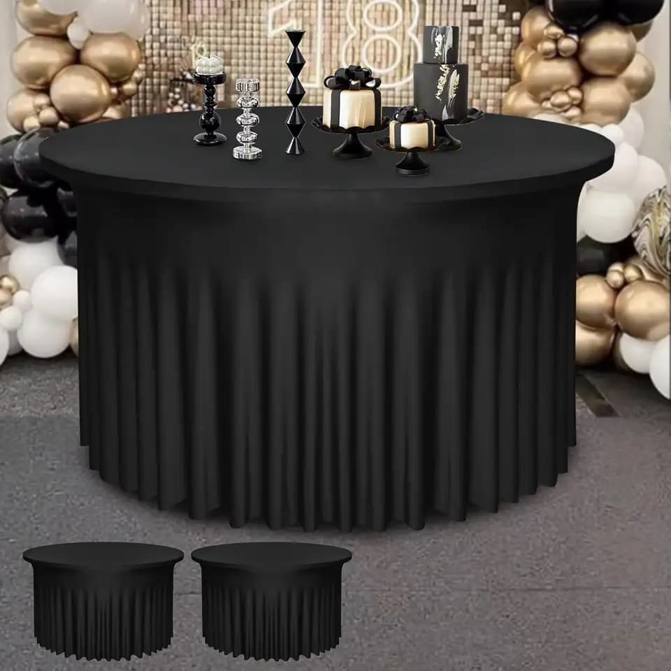 2 Pack Black Round Table Skirt, Fits 4ft Tables (48" Dia x 30" H)