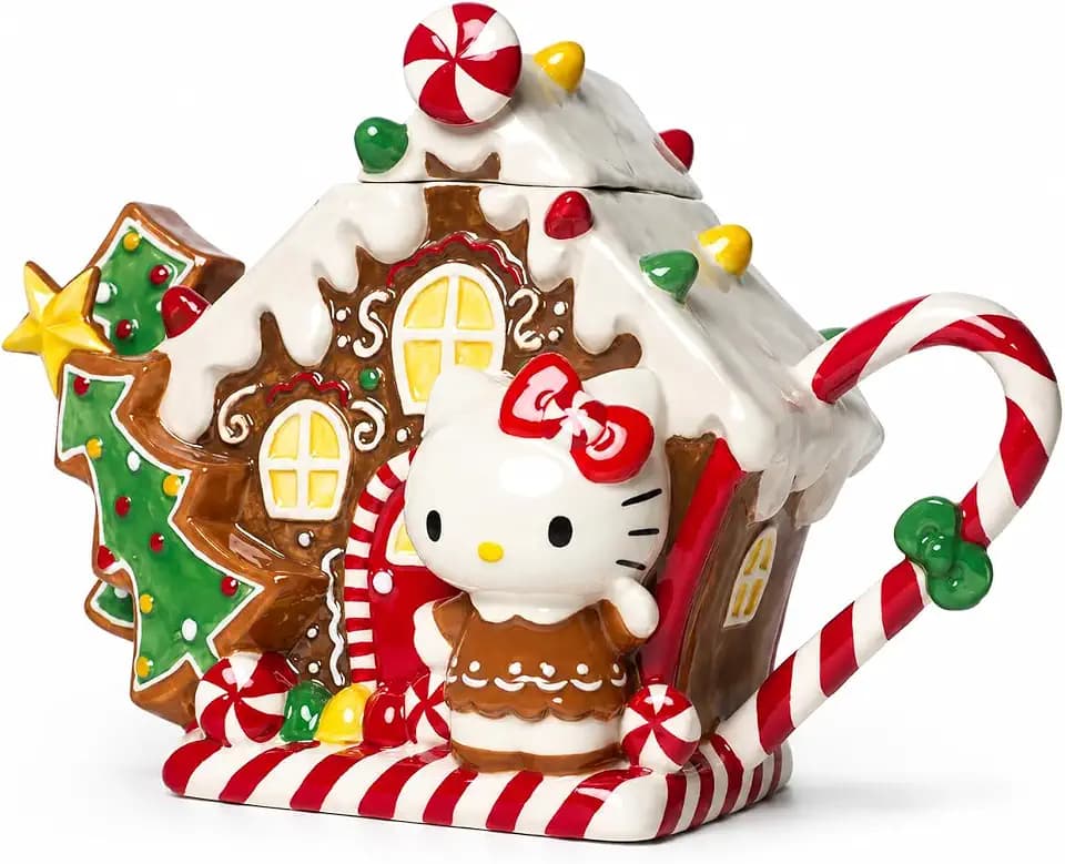 Blue Sky Clayworks Hello Kitty Gingerbread and Candyland Christmas Teapot, 7.0-inches Height, Holiday Home Decoration, Ceramic, 24006