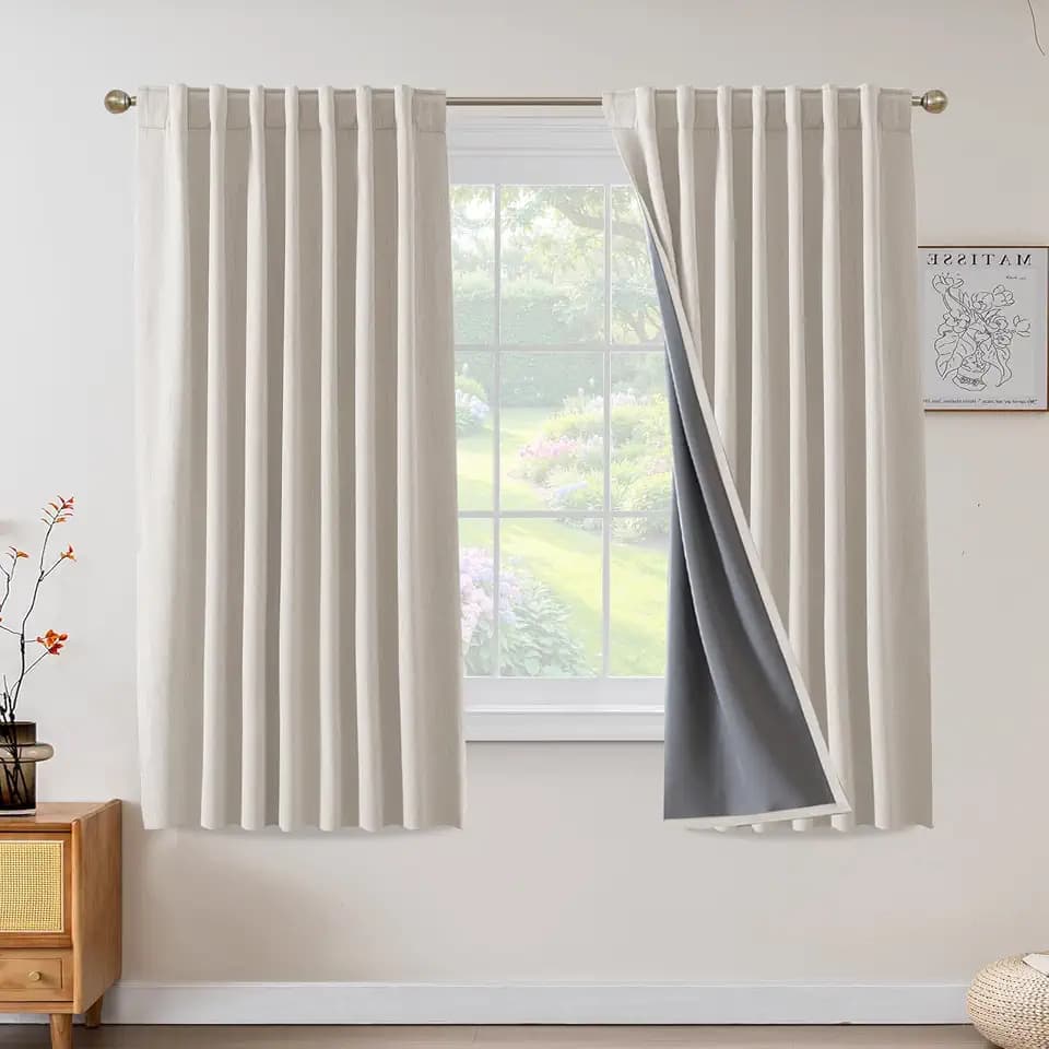 PrinceDeco 100% Blackout Faux Linen Curtains for Bedroom 52x63 Inch, Ivory