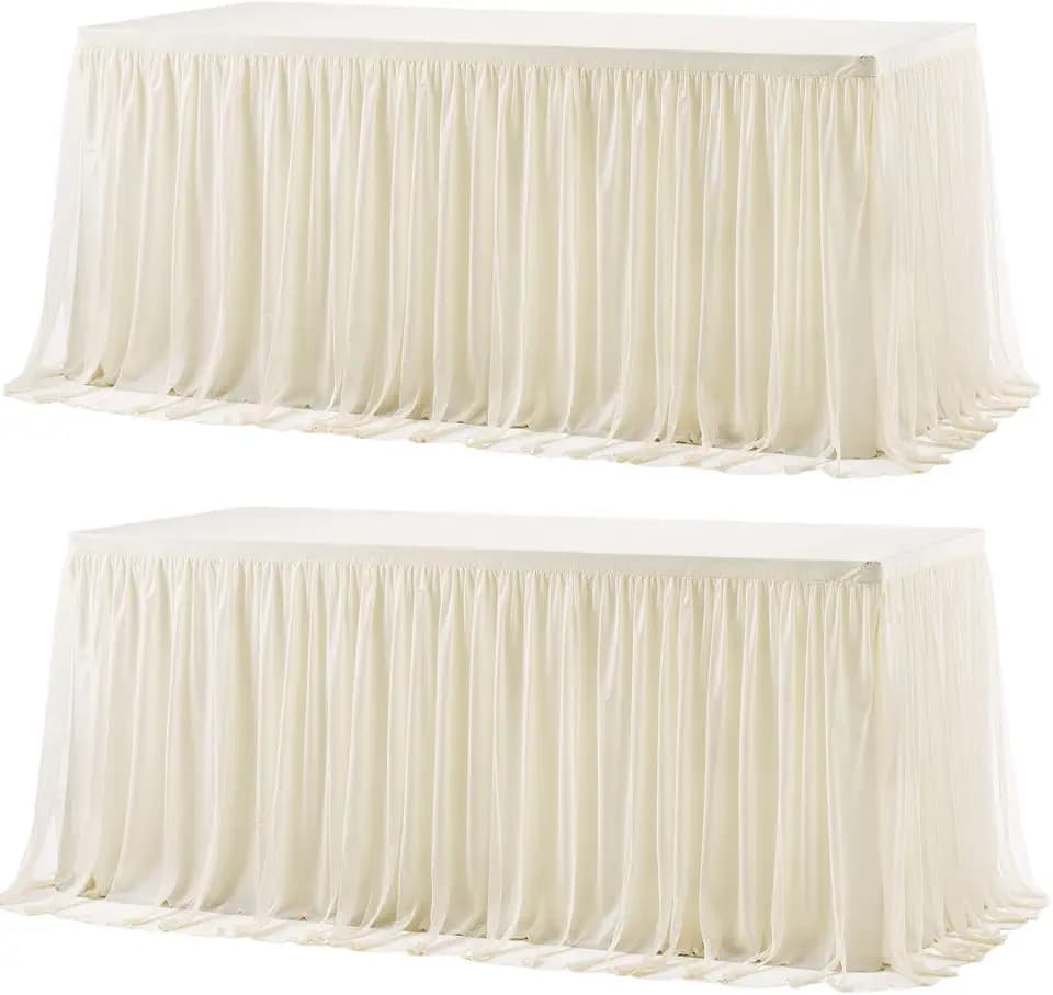2 Pack 8ft Ivory Tulle Tablecloths for Rectangle Tables, 8 Foot Ivory Rectangular Table Cloth Wrinkle Free Tablecover with Tutu Skirt for Wedding Baby Shower Birthday Party Banquet Buffet Cake