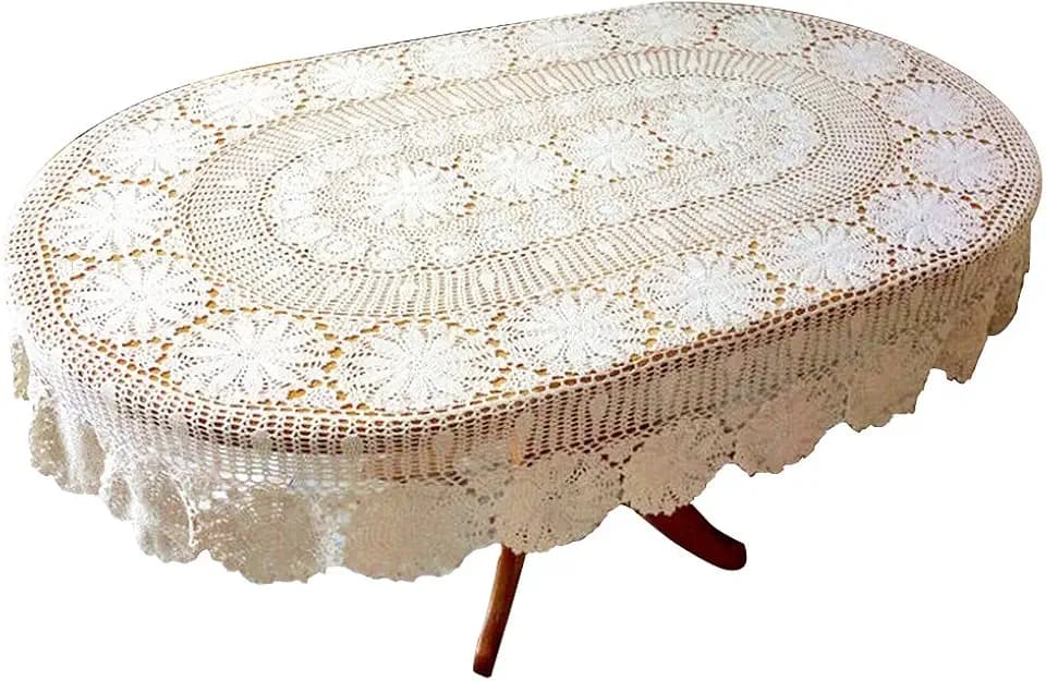 USTIDE Vintage Handmade Crochet Oval Tablecloth White Cotton Lace Table Overlays Elegant Wedding/Party Table Decorations, 59"x82.6"