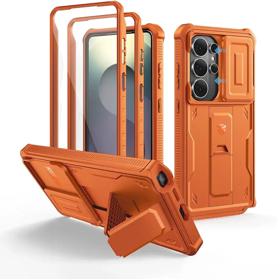 Dexnor Kompatibel mit Samsung Galaxy S26 Ultra Hülle mit Eingebaute Schiebekamera Abdeckung&Displayschutz&Kickstand, Schwerlast Stoßfestes Robustes Ganzkörper Stoßfänger Handyhülle - Orange