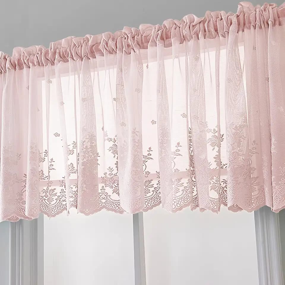 Boho Lace Small Window Curtain Valance Embroidered Solid Color Farmhouse Light Filtering Small Window Tier for Kitchen Living Room,1 Piece (Pink,51" W x 16" L)