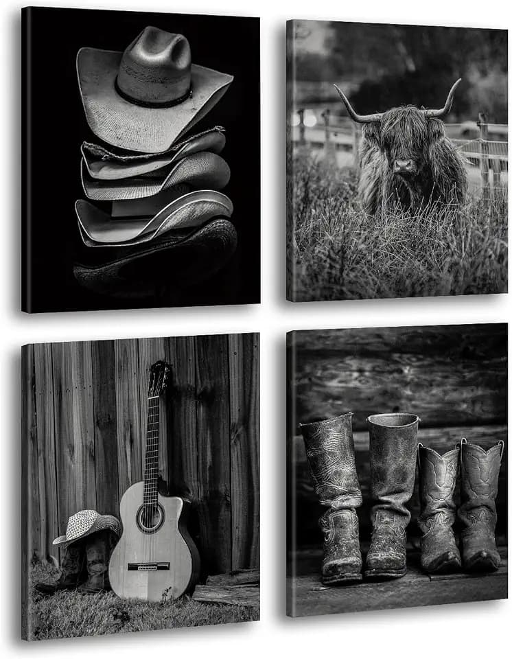 Vintage Farmhouse Cowboy Canvas Wall Art, Highland Cow Print, Boots Straw Hat and Longhorn Decor, Set of 4 (8x10 inches, Framed), for Men's Bedroom