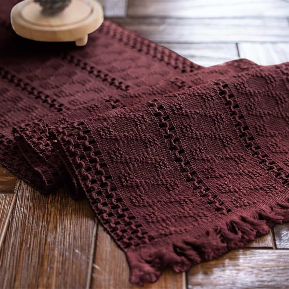 Macrame Table Runner Burgundy Boho Table Runners with Tassels 12x71in