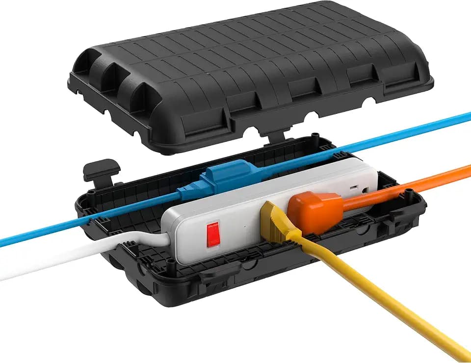 Outdoor Electrical Box(9.05x6.61x2.67inch), IP54 Waterproof Extension Cord Cover 9 Cable Entry Ports Connection Hider Box Safety Protector, Protect Plug, Holiday Light, Timer,and Power Strip, Black