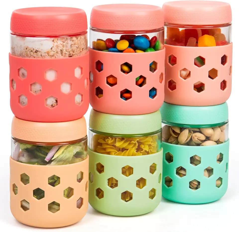 Gemice 6-Pack 16 oz Overnight Oats Containers with Lids and Silicone Sleeves, Glass Mason Jars with Airtight Lid, Dishwasher Safe, Wide Mouth Chia Seed Pudding Meal Prep Jar for Yogurt Berries Snack