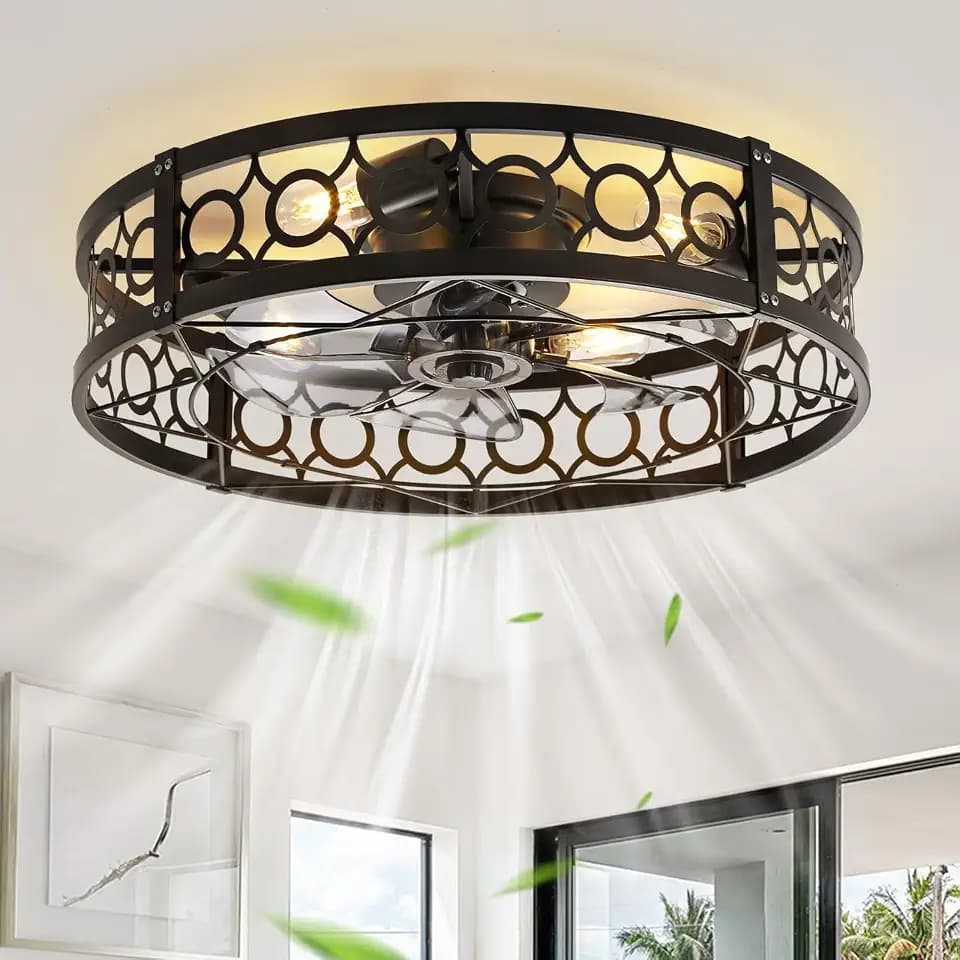LEDIARY 23 Inch Caged Flush Mount Ceiling Fans with Lights, Black