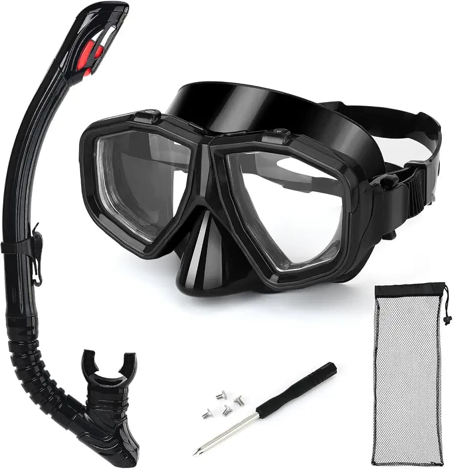 Replaceable Nearsighted Snorkeling Gear for Adults Youth, Short-sighted Anti-Fog Diving Mask & Full Dry Top Silicone Snorkel for Scuba Diving, Snorkeling, Freediving