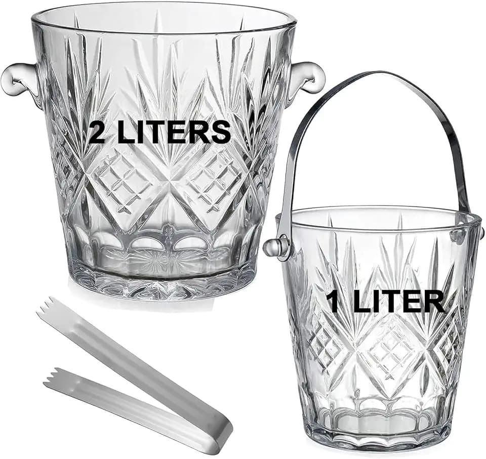 2-Piece Clear Glass Ice Bucket Set with Ice Tongs & Handles - 2L/1L Capacity - Food Grade Ice Buckets Cocktail Bar Accessories for Champagne, Wine, Beer