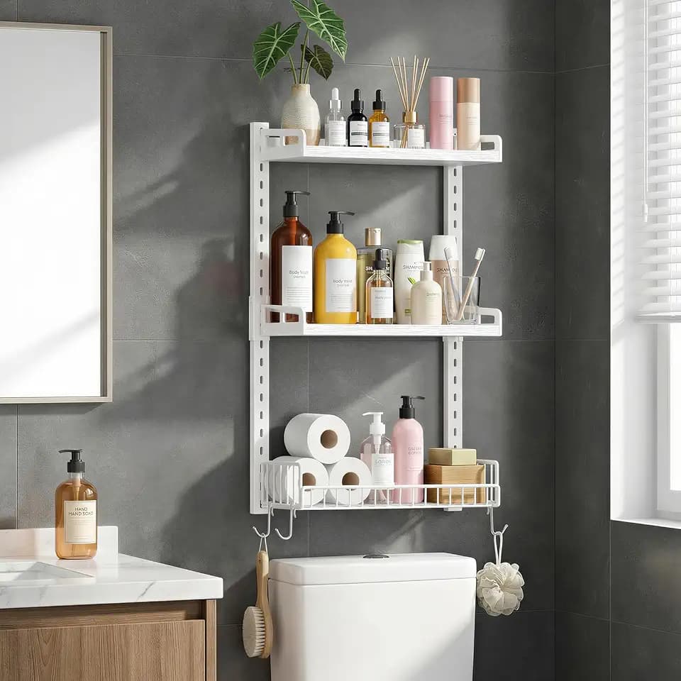 Kalrin 3 Tier Bathroom Shelves Over Toilet - Wall Mounted Floating Shelves with Drain Basket, Toilet Paper Storage, Height Adjustable Over The Toilet Storage, Pure White