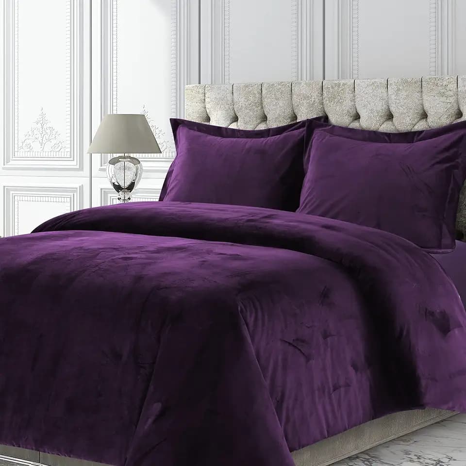 Tribeca Living Venice Queen Velvet Duvet Cover Set, Purple