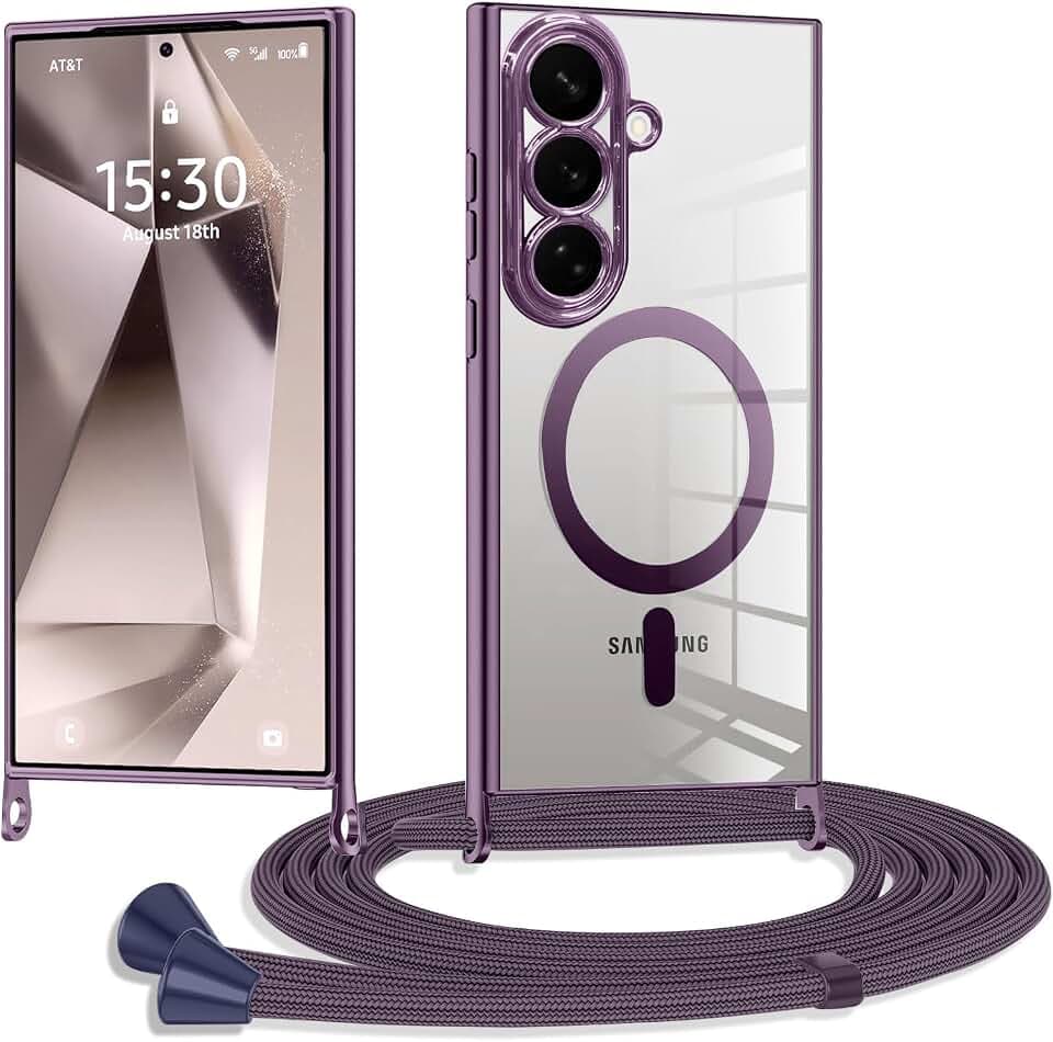 Magnetisch Handyhülle für Samsung Galaxy S26 Transparent Hülle mit Band Handyband Klare Silikon Necklace Schutzhülle zum Umhängen mit Abnehmbar Kordel Stoßfest Kratzfest Case-Lila