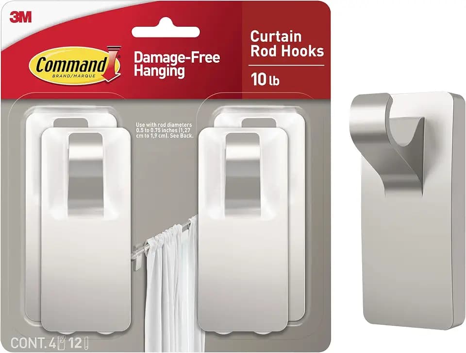 Command Medium Satin Nickel Curtain Rod Hooks, 4 Hooks, 12 Strips