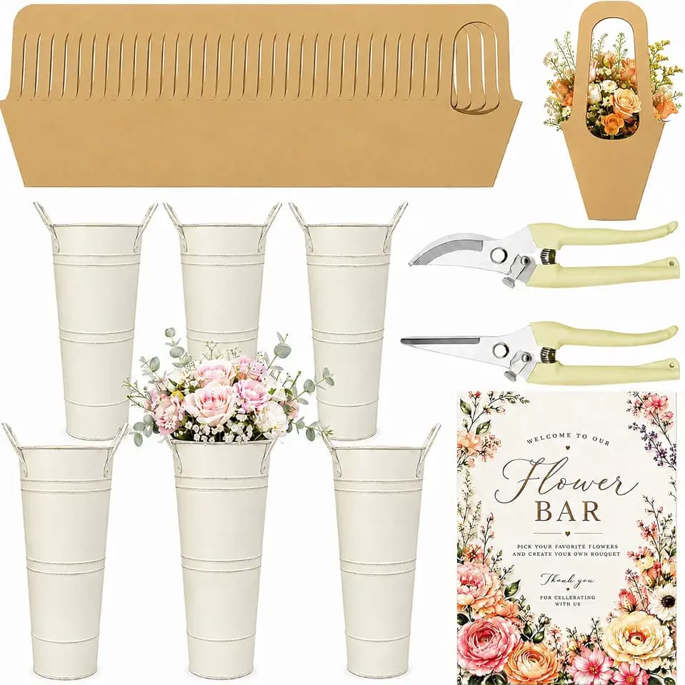 39 Pcs Flower Bar Kit with 6 Metal Buckets, 30 Bouquet Bags, 1 Wood Sign and 2 Stainless Steel Floral Shears, DIY Bloom Bar Supplies for Bridal Shower, Wedding, Birthday and Graduation