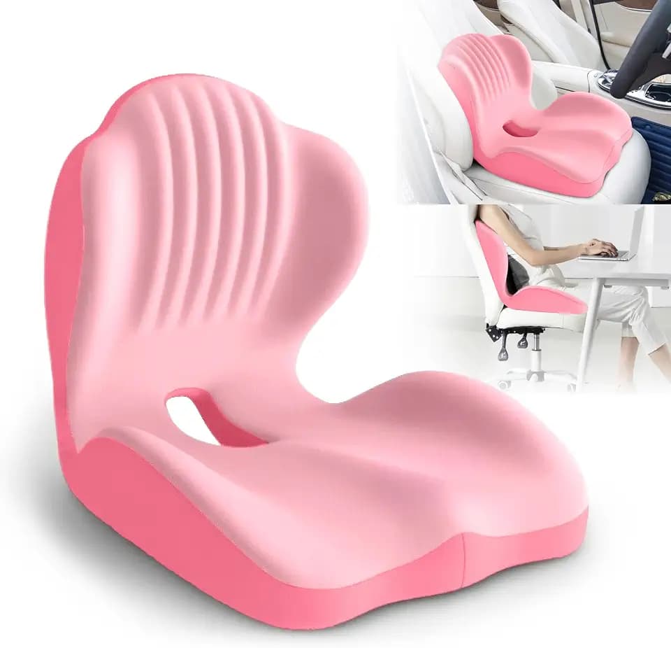 Ergonomic Waist Support and Seat Cushion, 2-in-1 Memory Foam Pad, Hollow Design for The Coccyx, Suitable for Office Chairs, Car Safety Seats and Household Use - relieves Lower Back and Hip Pain (Pink)