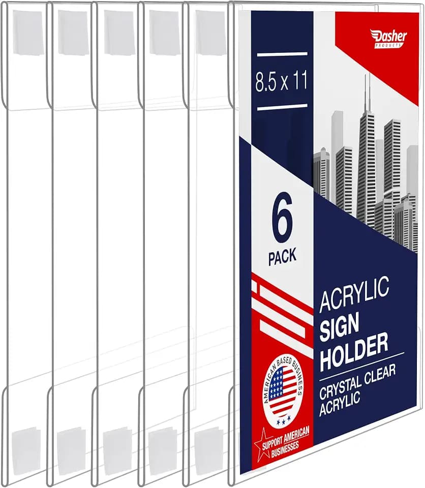 Acrylic Sign Holder with Hook and Loop Adhesive, 8.5 x 11 inches - Portrait or 11 x 8.5 inches - Landscape, Clear Wall Mount Frame, Perfect for home, office, store, restaurant (6 Pack)