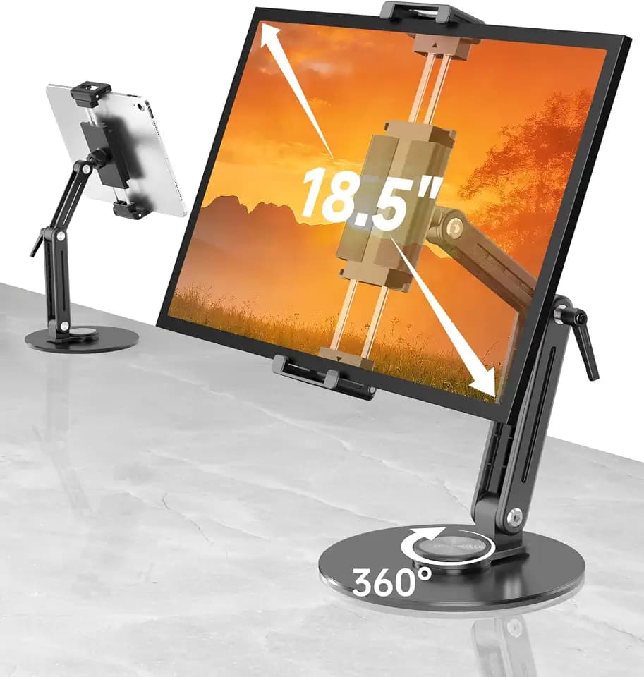 Portable Monitor Stand Tablet Halterung - Robuster Aluminium Ständer, 360° Drehbare Basis, 2 kg Tragfähigkeit, Klappbar Für 4,7-18,5 Zoll iPad, Tablet, Monitor, Küche & Reisen