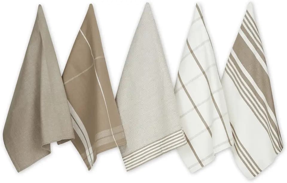 DII Assorted Woven Dishtowel Collection Classic Oversized, 20x28, Stone, 5 Piece