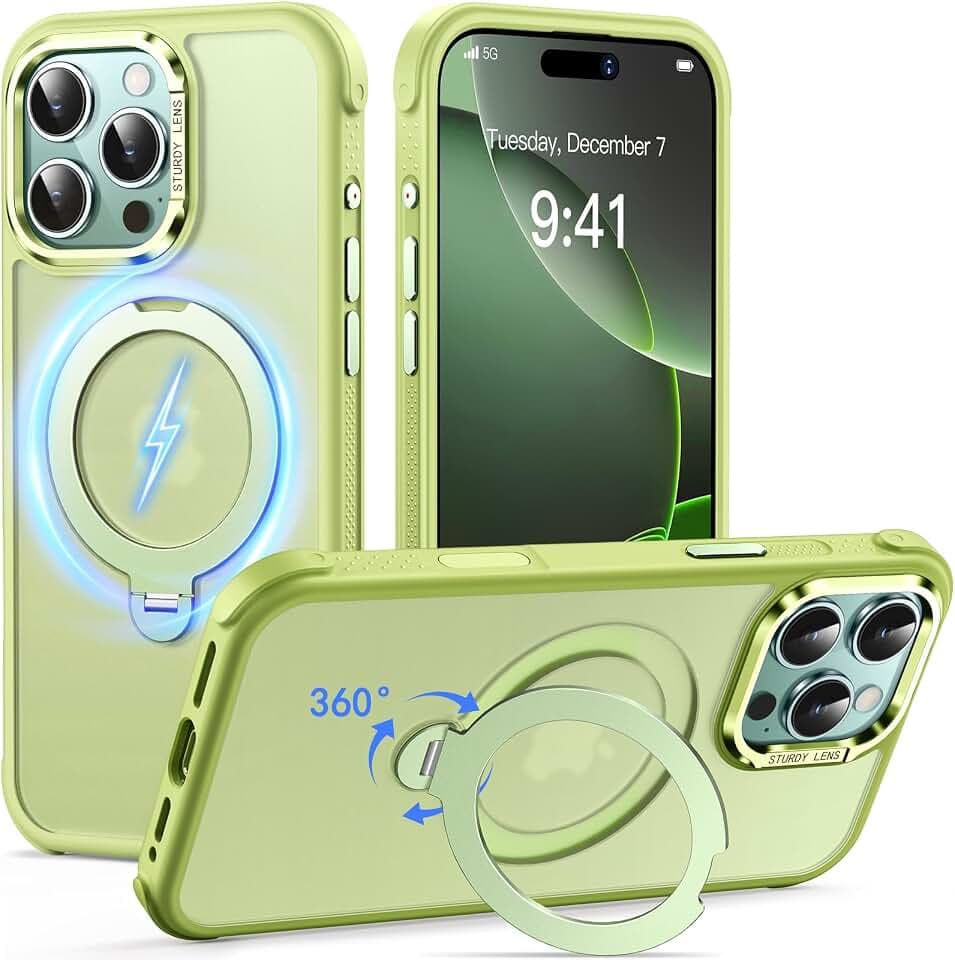 Reukdnv Magnetic for iPhone 16 Pro Case with 360° Spin Stand - 6.3", Green
