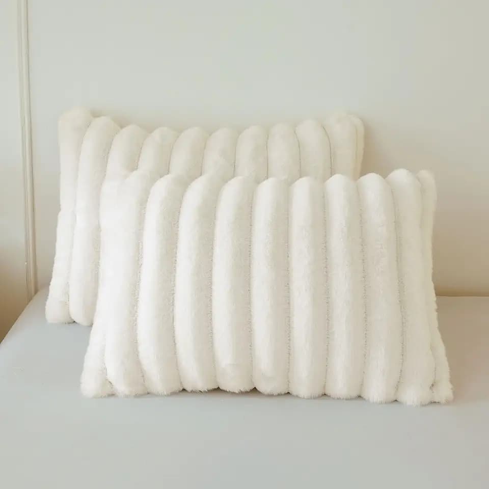 MEGO Fluffy Faux Rabbit Fur Ribbed Standard Pillow Cases Set of 2, Beige