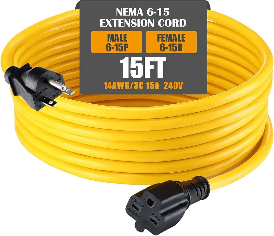 Tellegloww 15ft Nema 6-15 Extension Cord 6-15p Male to 6-15r Female, Yellow