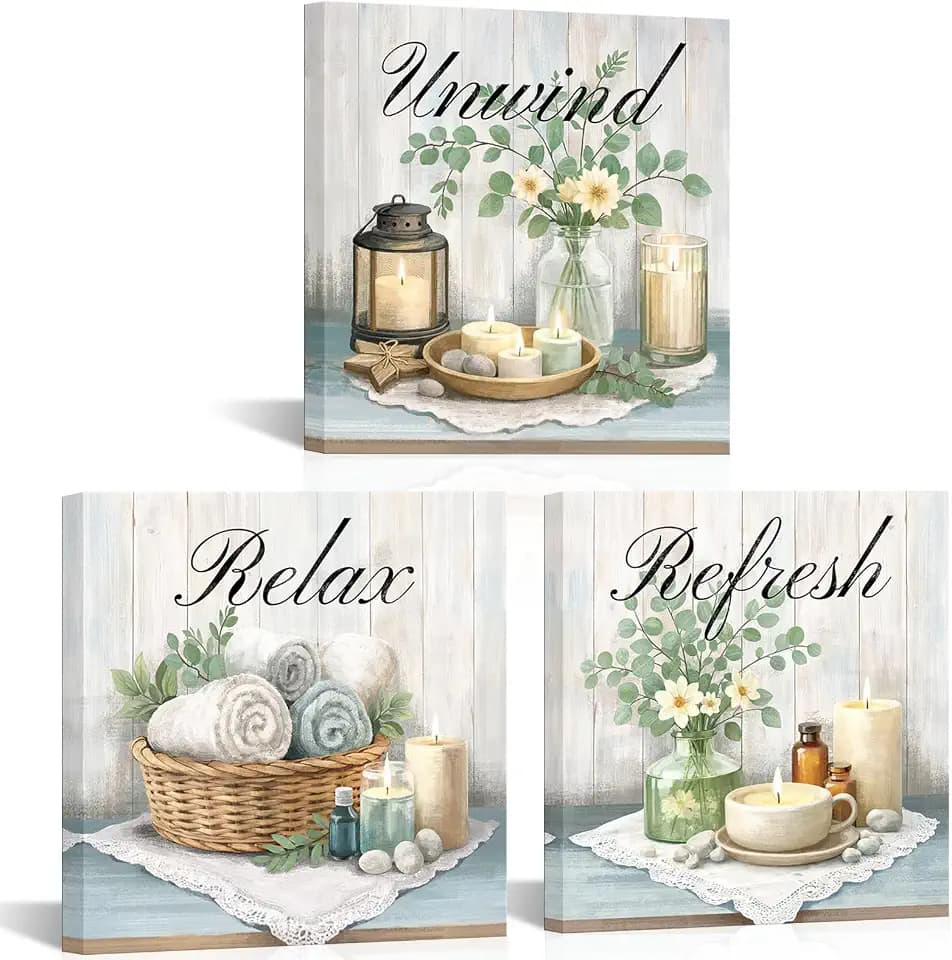 NutArtPic Bathroom Wall Art Canvas Set of 3 – Unwind Relax Refresh Spa Quotes Pictures Prints Candles and Towels Painting Farmhouse Rustic Bathroom Decor for Bathroom, Bedroom, Laundry Room 12''x12''x3