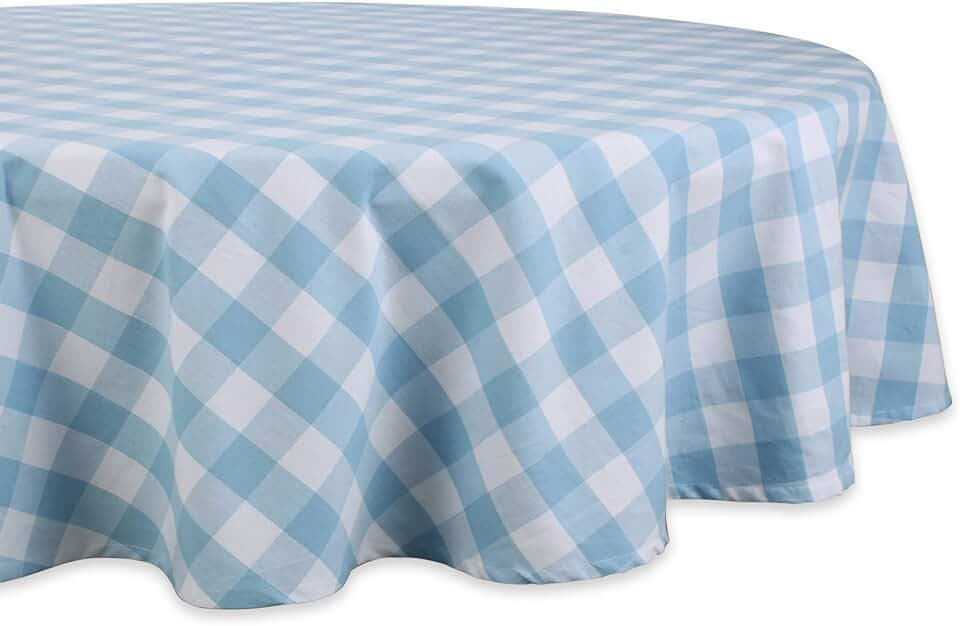 DII Buffalo Check Collection, Classic Farmhouse Tablecloth, 70" Round, Light Blue & White