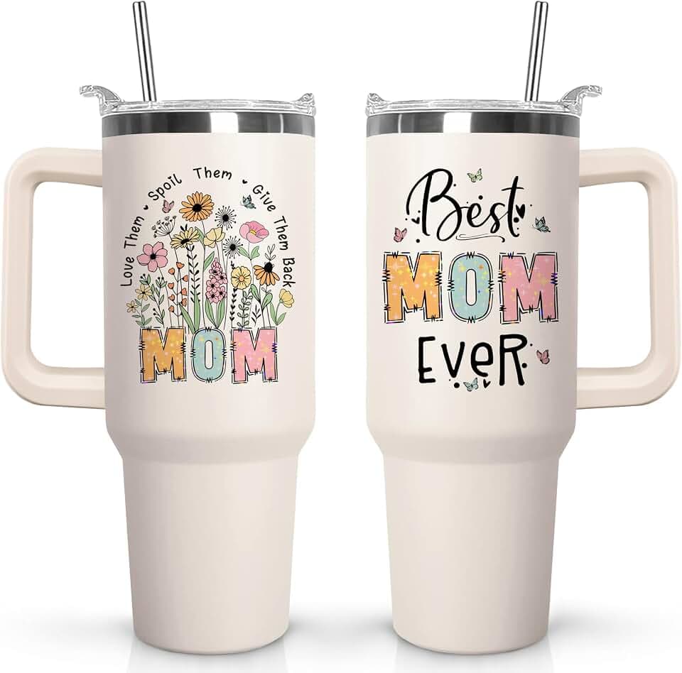 Ceovfoi 40oz Mom Tumbler with Handle & Straw, Vacuum Insulated Stainless Steel Water Bottle, Best Mom Ever Floral Travel Mug, Mothers Day Gifts from Daughter, Birthday Gifts for Mom
