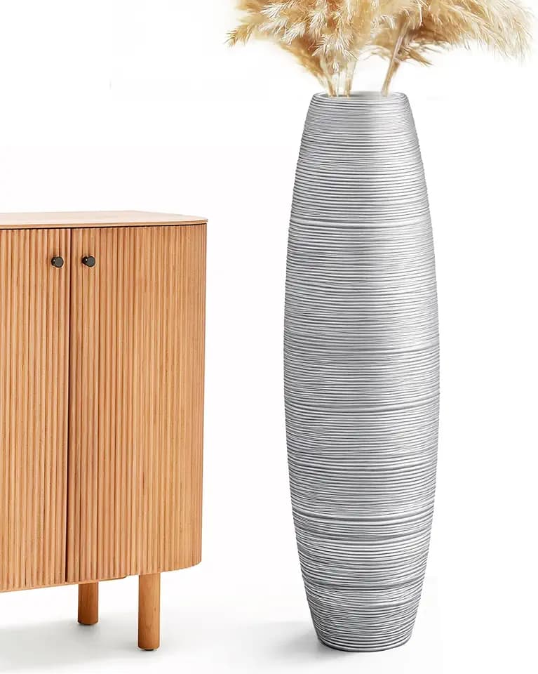 Large Floor Vase 35.4" Silver Metallic, Resin Wide-Body Vase with Horizontal Ribbed Texture for Dried Pampas Grass Branches, Modern Home Decor for Living Room Corner Entryway